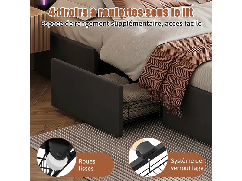  Lit adulte 140 x 200 avec sommier - 4 tiroirs de rangement - éclairage led d'ambiance - pu - gris  - Conforama E