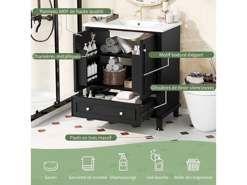 Meuble salle de bain noir 76 cm avec meuble vasque céramique et pieds bois massif - Conforama C
