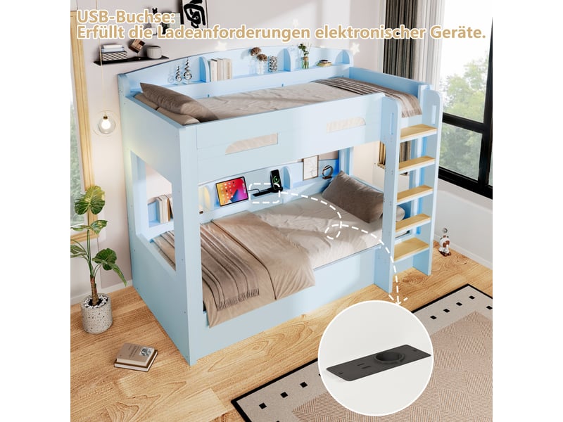  Lit superposé enfant 2 places 90×200 cm usb et étagères - okmyhome- bleu clair, sans matelas, bois et mdf  - Conforama E