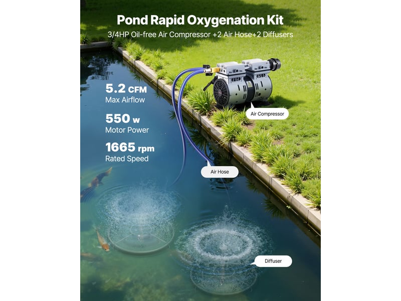  Vevor aérateur bassin système aération lac étang 1,2 hectare 590 w 2 diffuseurs  - Conforama B