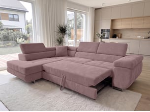 Canapé d'angle gauche convertible <strong>AX LIVING </strong> <strong>Konak</strong> 5 places Velours côtelé rose avec coffre de rangement