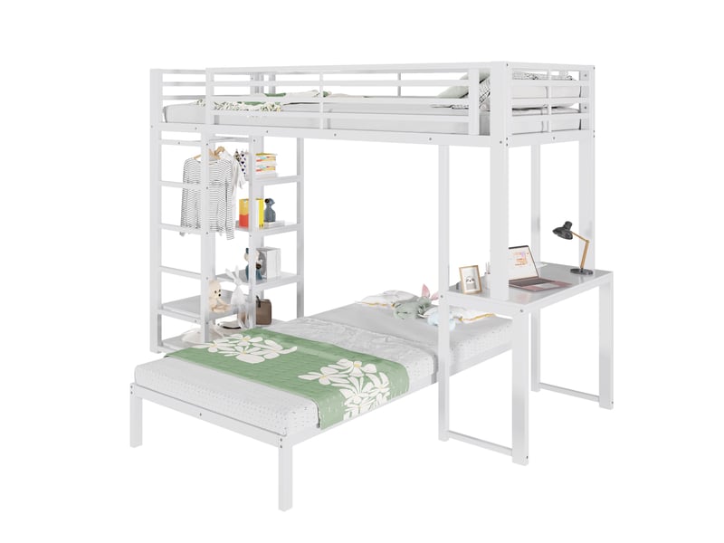  Lit mezzanine 90 × 200 cm 2 places avec bureau, prise usb et type-c, 4 étagères, sans matelas, blanc  - Conforama A