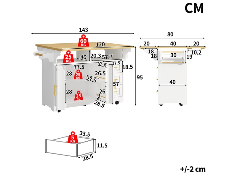  Desserte 2 portes 3 tiroirs - îlot de cuisine mobile à plateaux rabattables 120x40x95 cm mdf blanc effet chêne  - Conforama C