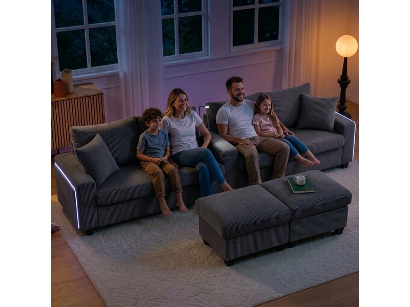  Canapé panoramique en u velours côtelé gris, 4 places avec 2 poufs de rangement &amp; ports usb, accoudoirs led et lampe pour grand salon  - Conforama A