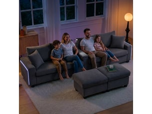 Canapé panoramique en u velours côtelé gris, 4 places avec 2 poufs de rangement & ports usb, accoudoirs led et lampe pour grand salon
