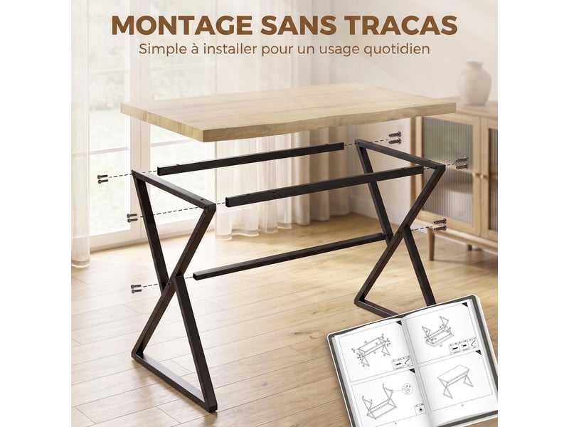  Table à manger style industriel métal noir épais plateau effet bois clair  - Conforama E