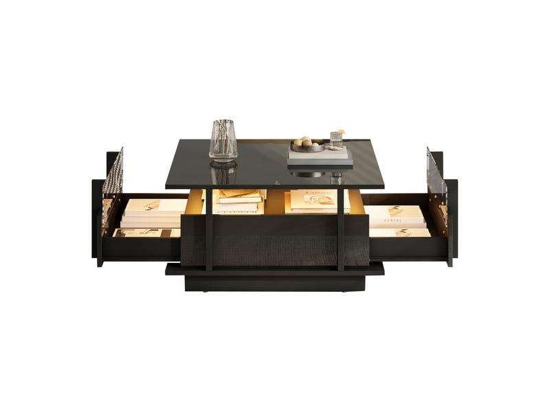  Table basse de salon, avec éclairage led, 70 x 70 x 35 cm, avec 2 tiroirs, coloris transparent et noir, pour salon, pour usage quotidien  - Conforama C