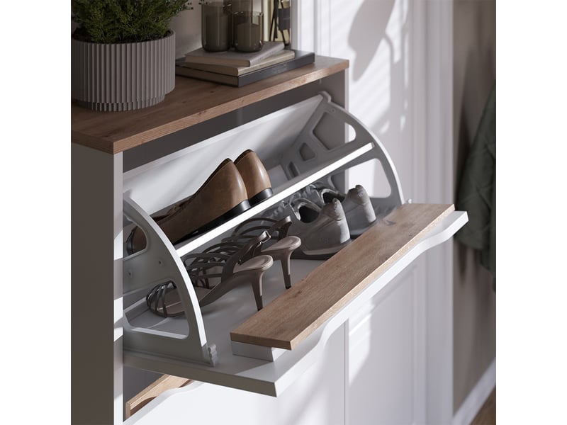  Vicco benne à chaussures, blancchêne artisan, 60.2x157.2cm avec 4 compartiments basculants  - Conforama D