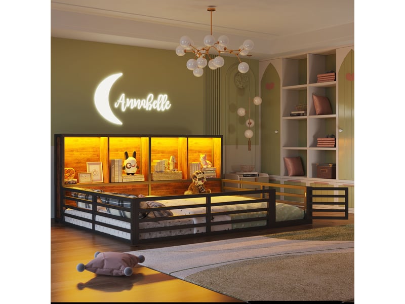  Lit enfant 140x200 cm avec barrières-led et rangements latéraux-sommier à lattes en métal et bois-noir  - Conforama D