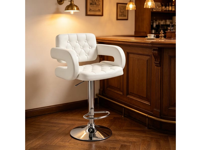  Tabouret de bar réglable avec dossier, accoudoirs et repose-pieds, en métal et revêtement synthétique blanc  - Conforama C