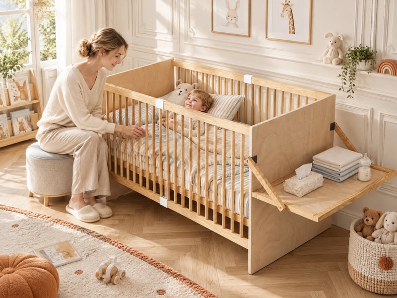 Lit d’appoint bébé 70x140 cm en pin massif - 4 hauteurs de sommier réglables, lit bébé avec table à langer latérale pliable - structure à barreaux sécurisée - certifié en716 - charge maximale 50 kg - Conforama B