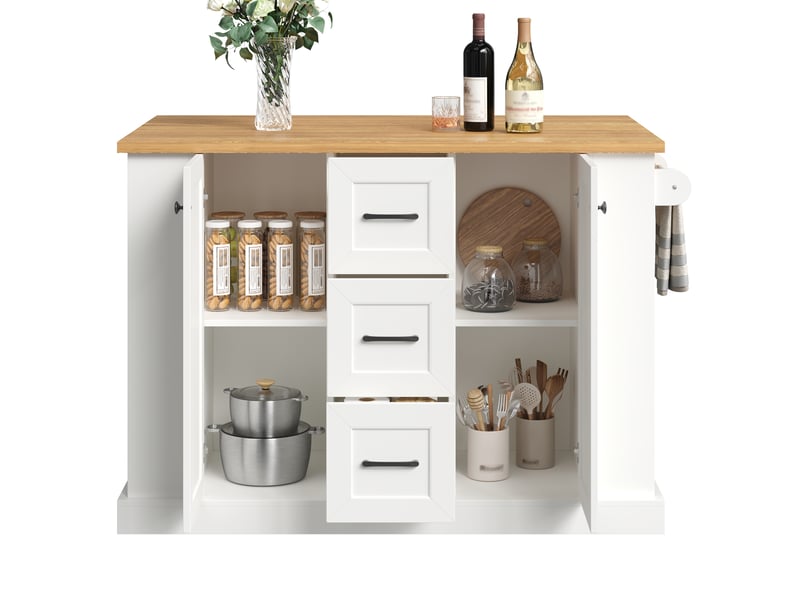 Desserte de cuisine avec plan rabattable et roulettes freinées - lpospi - 3 tiroirs, mdf blanc, 120 × 70 × 90 cm - Conforama A