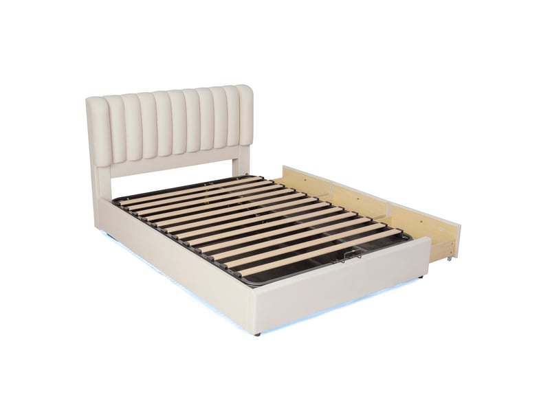  Lit coffre enfant avec mécanisme hydraulique à vérin à gaz, coffre de lit avec grand espace de rangement, 3 tiroirs, bande lumineuse led, revêtement en velours doux, lit capitonné beige, lit junior gain de place, 140 x 200 cm  - Conforama E