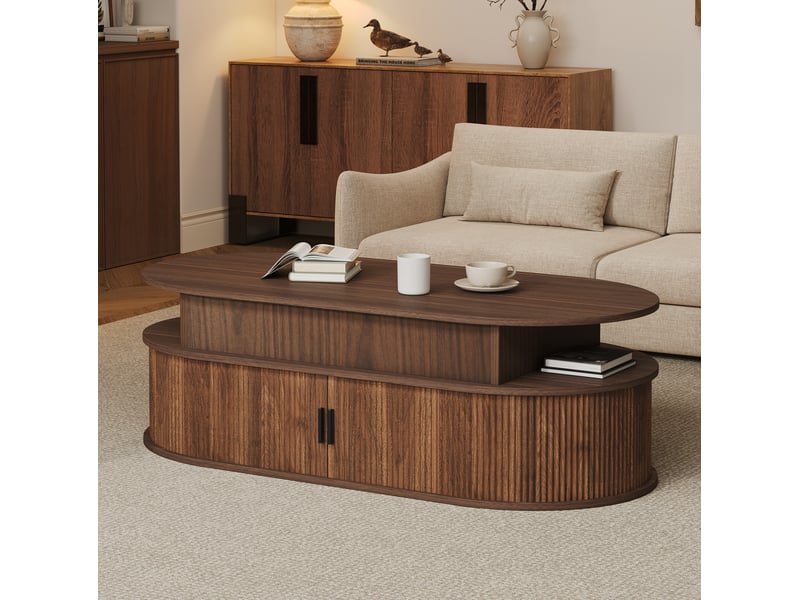 Table basse ovale relevable 100x50x40 cm avec rangement, mdf, finition noyer  - Conforama C