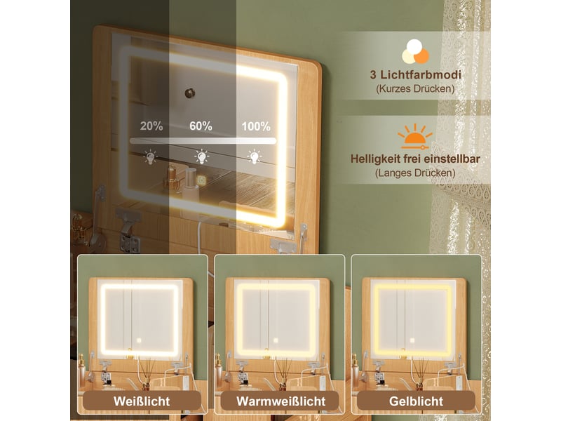 Coiffeuse led blanche avec miroir pliant, tiroirs, prise usb et tabouret à roulettes - Conforama D