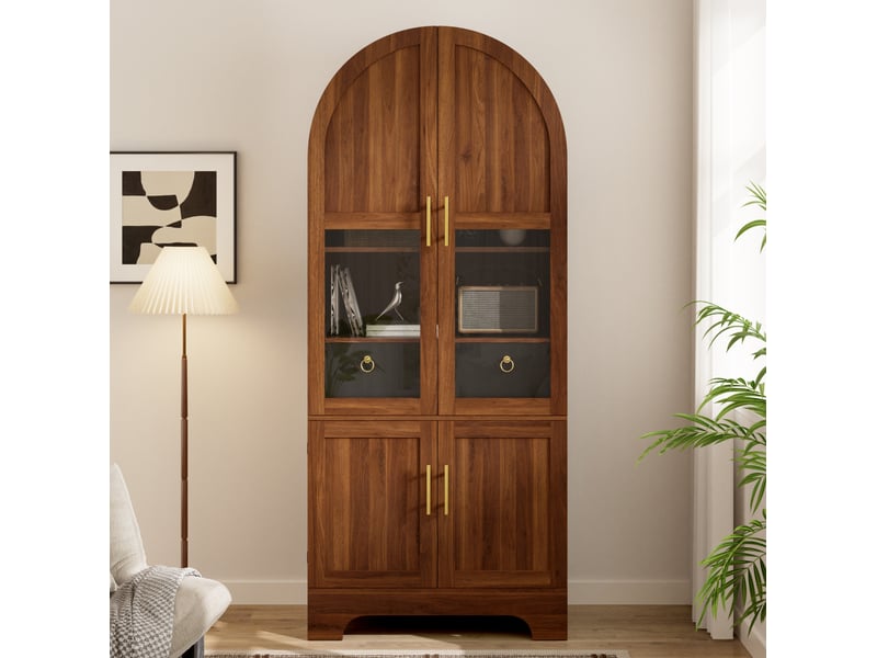  Buffet 76x40x180 cm, forme arquée, éclairage led, 4 portes et 1 tiroir, mdf et panneau de particules, aspect noyer brun  - Conforama E