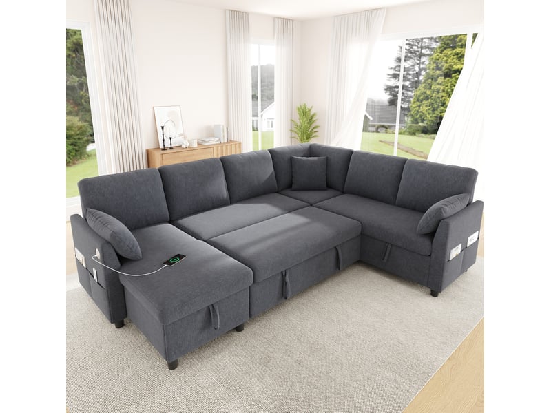  Canapé d'angle convertible 6 places réversible avec rangements, usb type c, poches et 3 coussins en polyester gris  - Conforama B
