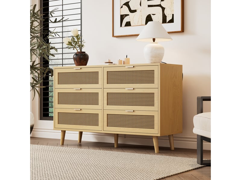 Buffet 6 tiroirs 120x76.5 cm meuble rangement bois chêne avec poignées métalliques pour salon et chambre - Conforama W