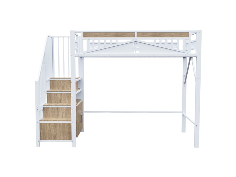 Lit mezzanine enfant 90x200 cm – blanc – escalier avec rangements et garde-corps à fenêtre – sans matelas - Conforama D