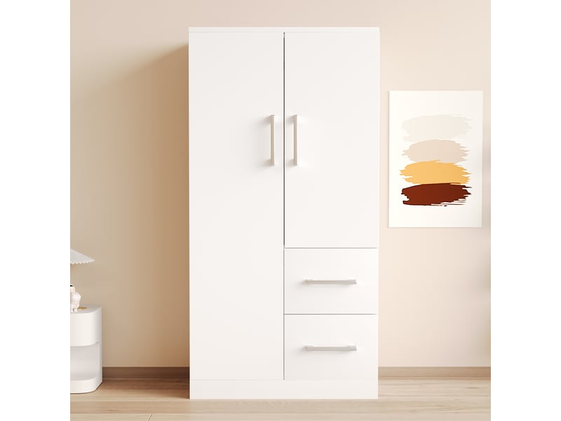 Armoire enfant 70×40×135 cm blanche, 2 portes, avec tiroirs et compartiments de rangement, armoire individuelle  - Conforama E