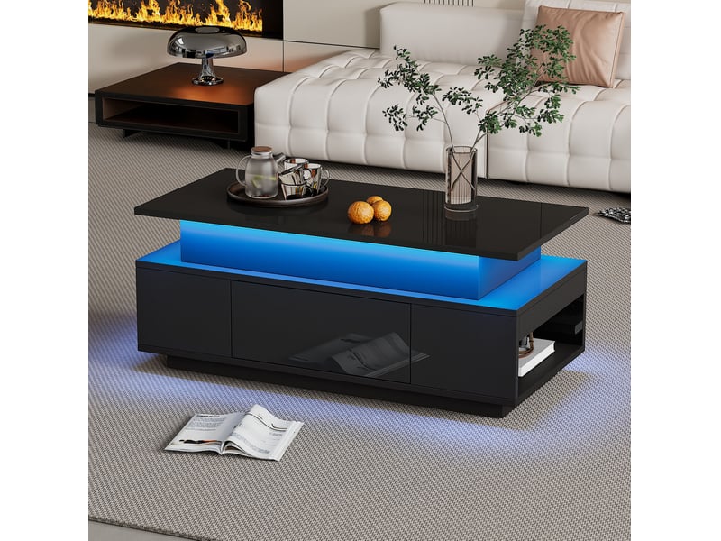  Table basse relevable 96x45x40 cm avec coffre rangement et tiroir plateau moderne brillant aggloméré noir  - Conforama W