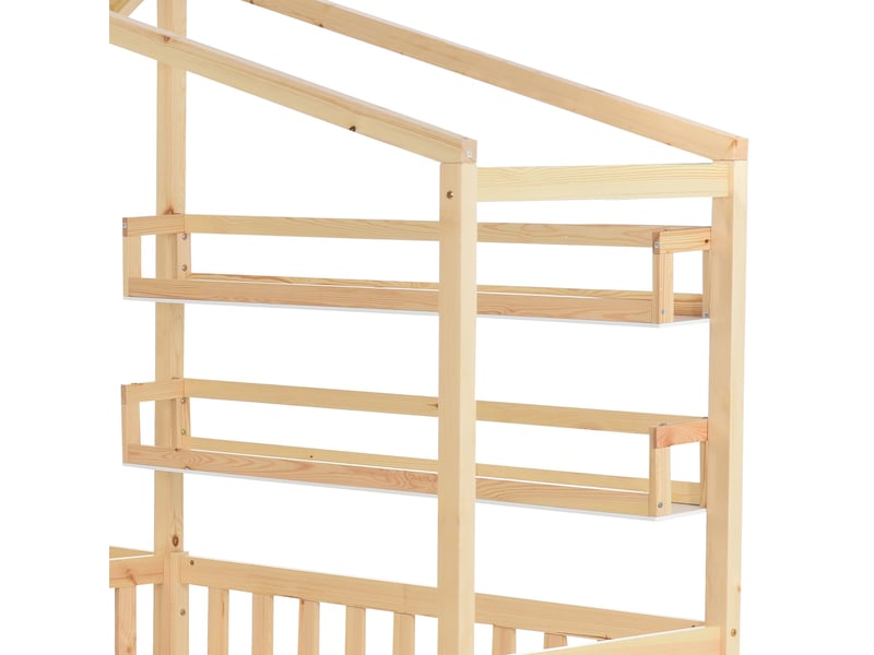 Lit cabane enfant 90x200 cm en bois massif avec tiroir et étagères, structure en l, naturel - Conforama D