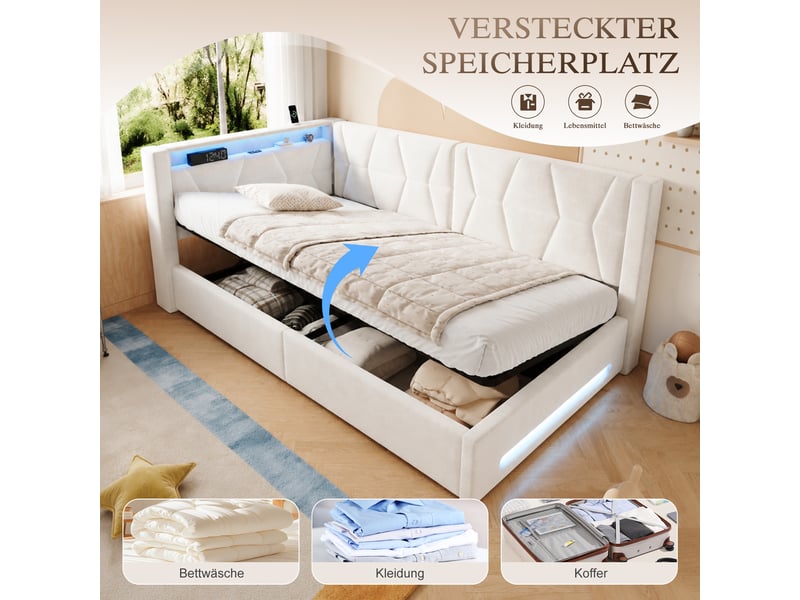 Lit banquette hydraulique 90x200 cm, led, usb-c, lit coffre rembourré, lit simple, éclairage tête et pied, velours, beige Seren Glow - Conforama D