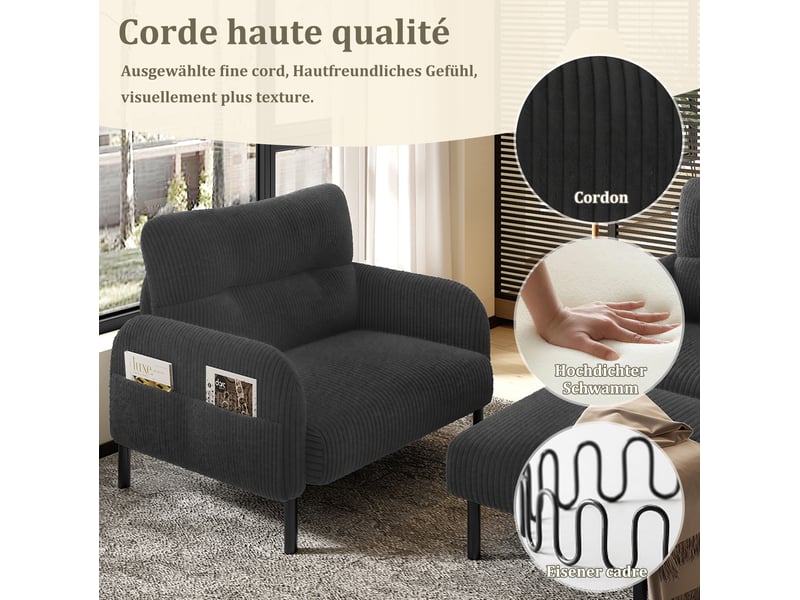  Ensemble canapé 2 places fauteuil et pouf modenvie en velours côtelé gris  - Conforama D