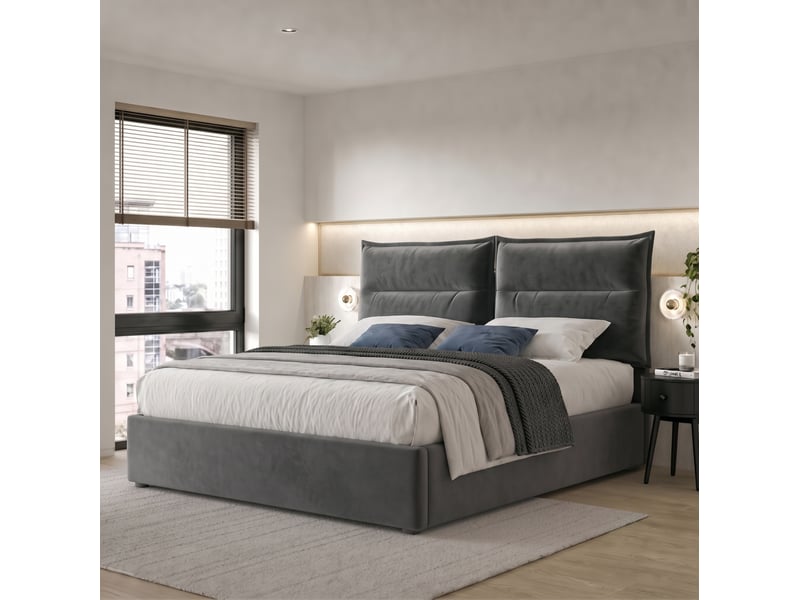  Lit coffre tcqpz 140 x 200 cm tête de lit réglable velours gris  - Conforama E