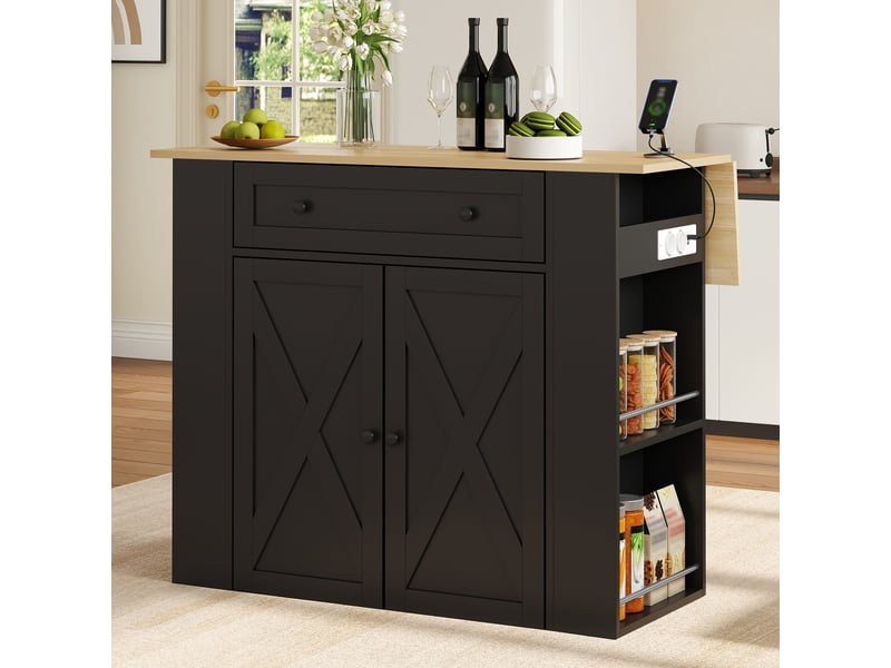Îlot de cuisine avec plateau rabattable et prises usb - lpospi - 2 portes, tiroir et étagères mdf noir 120 × 75 × 97 cm - Conforama B