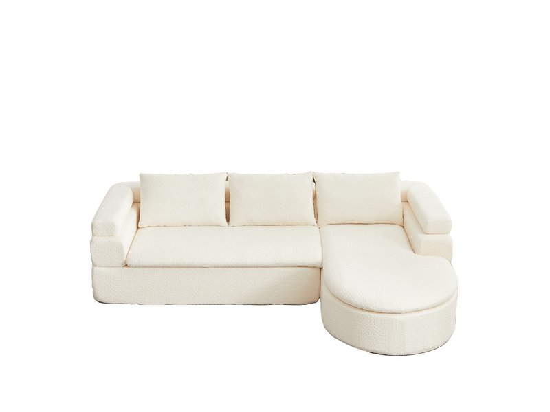  Canapé d'angle 3 places avec chaise longue, accoudoirs à paliers et 3 coussins, en chenille beige 260 × 170 × 65 cm  - Conforama A