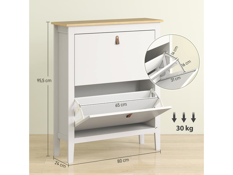  Meuble à chaussures 14 paires, armoire à chaussures avec 2 tiroirs rabattables, étagères amovibles et réglables, blanc  - Conforama D