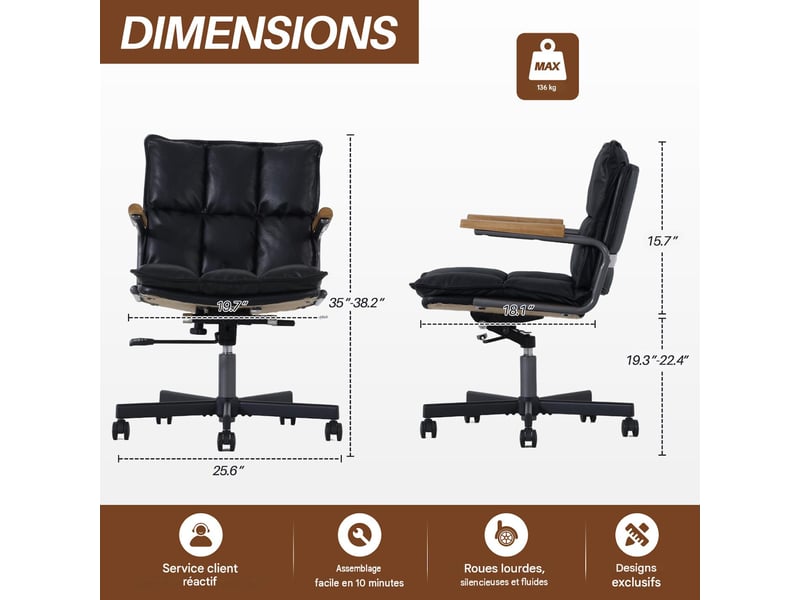  Fauteuil de bureau pivotant en cuir et métal avec accoudoirs noir 65x46x72cm W5978P510276 - Conforama C
