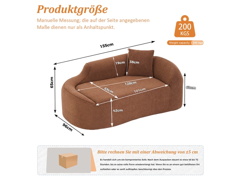  Canapé convertible 2 places en forme de méridienne, assise profonde avec coussin en chenille caramel, 155 × 96 × 65 cm  - Conforama C