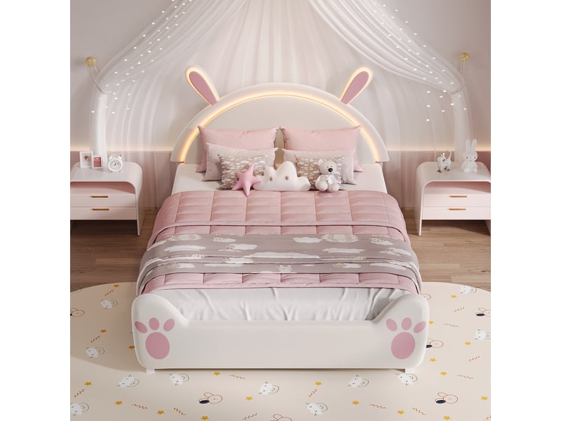  Lit simple 140x200 cm, lit enfant rembourré avec led et oreilles de lapin, lit princesse en velours et métal, blanc  - Conforama C