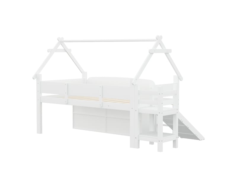 Lit mezzanine cabane 90x200 cm avec toboggan, lit enfant avec rangements, sommier à lattes, bois blanc, sans matelas - Conforama E