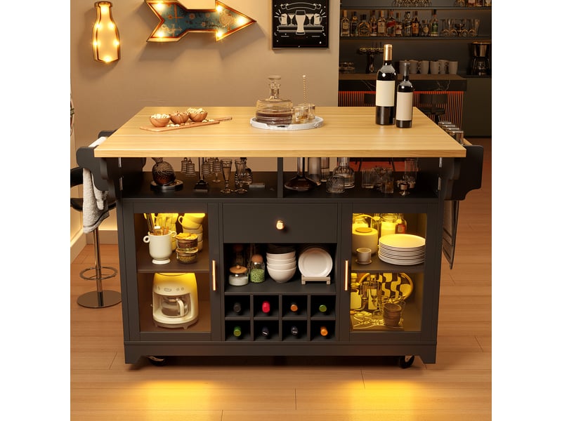  Desserte roulante noire avec led rgb, plateau extensible et porte-bouteilles mobile 95 cm  - Conforama B