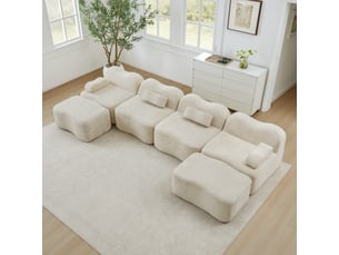 Canapé en u modulable 4 places en velours beige avec 2 poufs, mousse 32d, sans armature