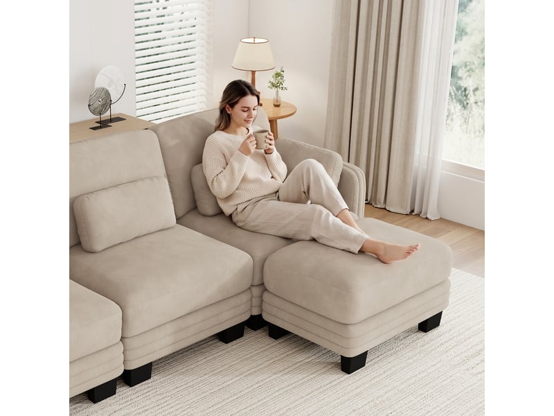 Canapé d’angle modulable 330 cm 4 places avec pouf, coussins d’accoudoir amovibles, coussins lombaires épais à soutien renforcé, chenille, marron clair - Conforama C
