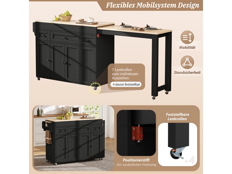  Îlot de cuisine sur roulettes avec plateau extensible 3 tiroirs noir et naturel  - Conforama E