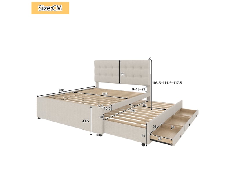  Lit gigogne 140x200 cm, lit double avec 3 tiroirs et tête de lit réglable, tissu en lin, beige, sans matelas  - Conforama D