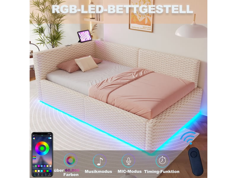 Lit rembourré velours beige 90x200 cm avec led, usb, type-c et rangement hydraulique  - Conforama B