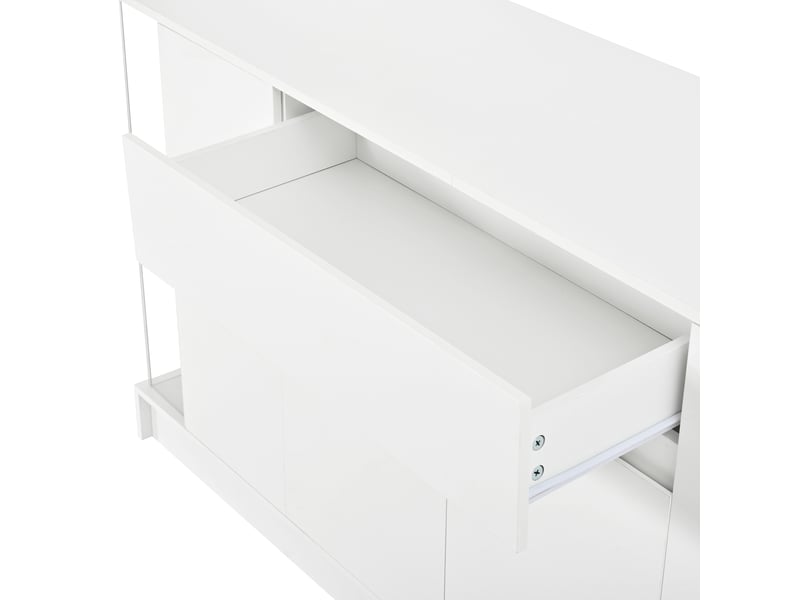  Buffet led, 6 portes, 1 tiroir, vitrines latérales et étagères réglables, façades brillantes, 150 × 40 × 75 cm, blanc  - Conforama E