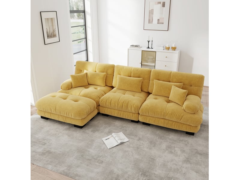  Canapé d’angle modulaire 3 places 313x145x81 cm avec ottomans mobiles chenille jaune  - Conforama C