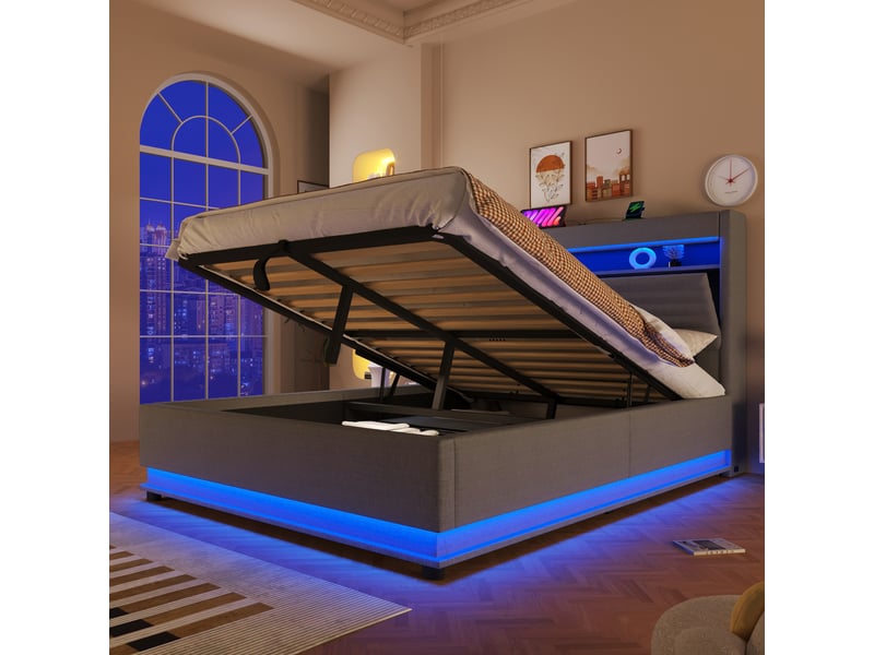  Lit coffre 140x200 cm, lit double, rangement hydraulique, led, usb et usb-c, lin gris  - Conforama D