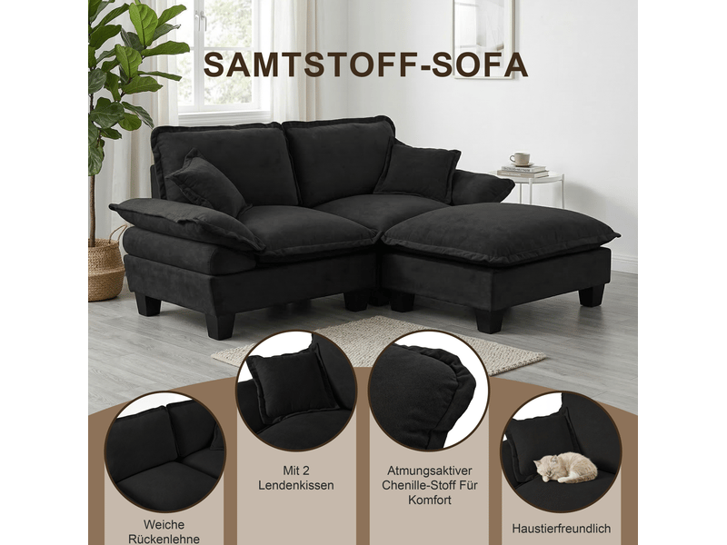 Canapé d'angle modulaire u 264x155x90 cm, 5 places, deux poufs mobiles, 2 coussins, chenille, noir - Conforama D