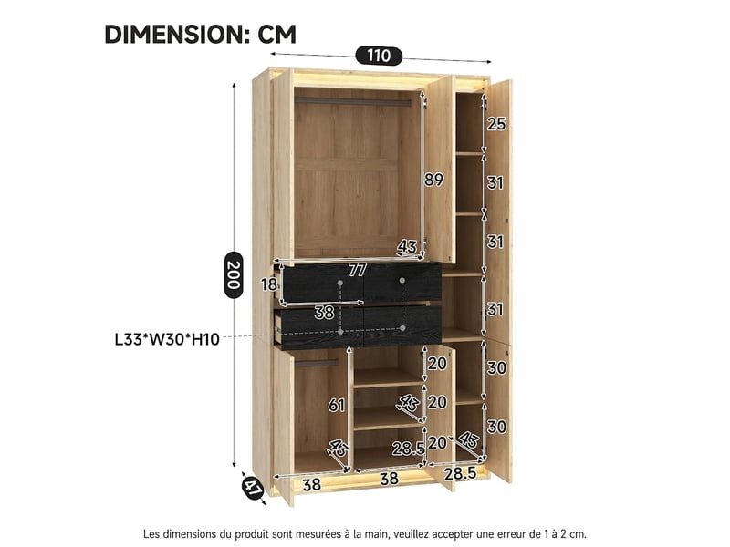  Armoire haute étroite 45x50x200 cm meuble de rangement avec tiroir et 2 portes chêne clair  - Conforama W