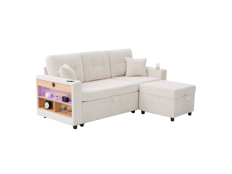  Canapé 3 places convertible en velours côtelé beige avec rangement, led et usb-c  - Conforama A