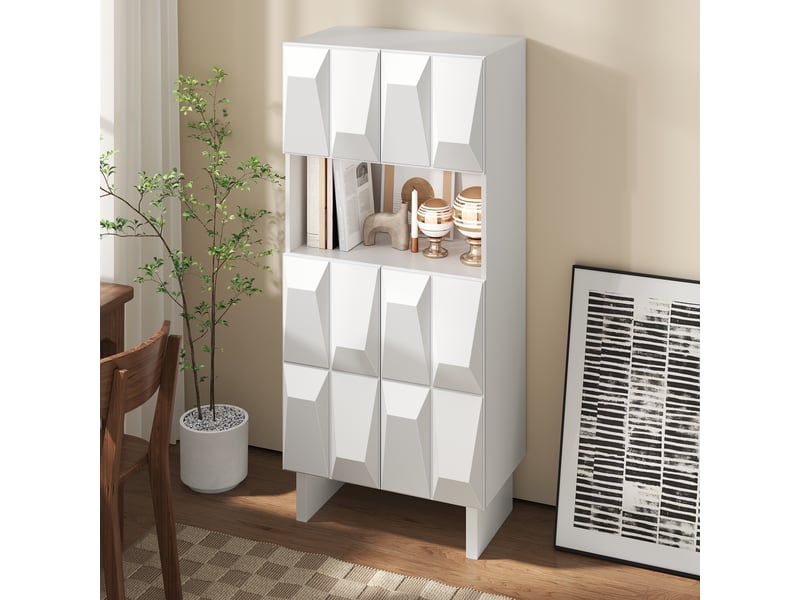  Vitrine 4 portes, niche ouverte et étagère réglable en panneaux de particules 60,5×34×135,5 cm blanche  - Conforama D