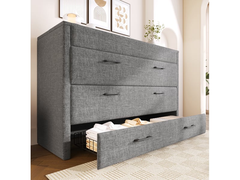 Lit escamotable 140 x 200 cm avec tiroir, ports usb et type-c, en tissu de lin gris - Conforama D